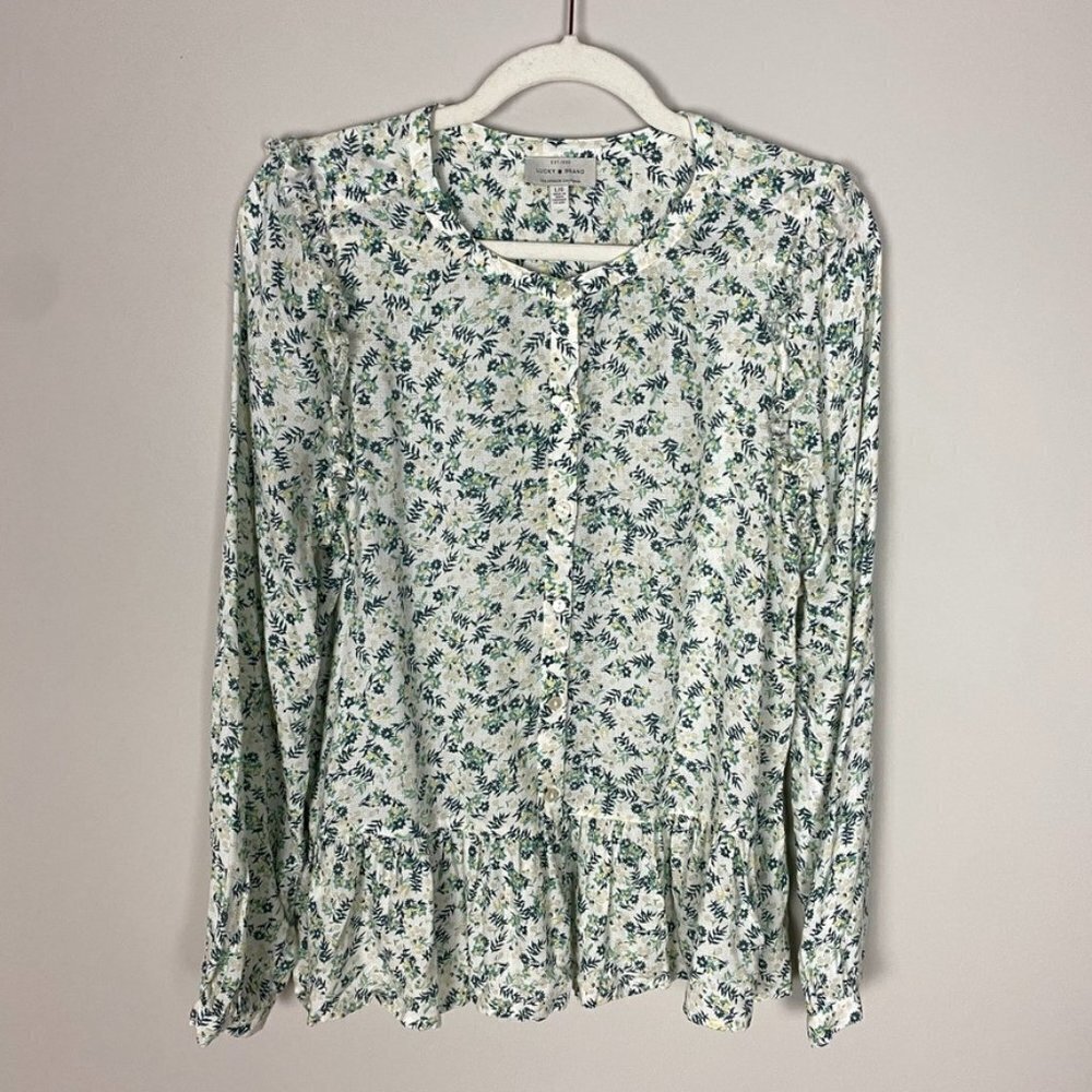 Lucky Brand Floral Long Sleeve Button Up Blouse Peasant Ruffle
